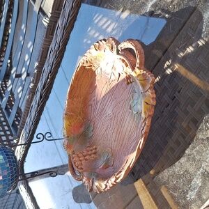 Vintage Serving Platter, Wood Look Resin Grape Clusters Autumn Fall Theme 9x12"